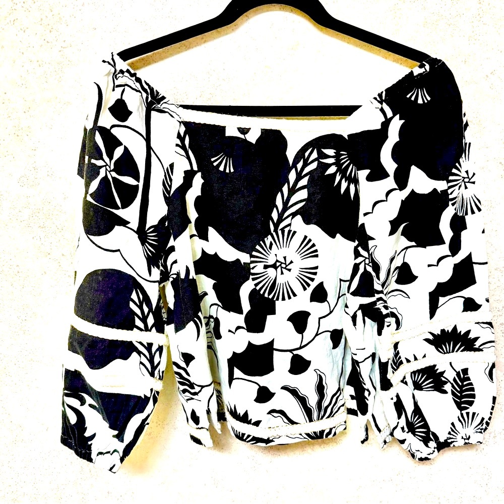 NICOLE MILLER MEDIUM WOMENS LINEN BLACK WHITE CROPPED VACATION BOHO GIRLY BLOUSE - Picture 8 of 8